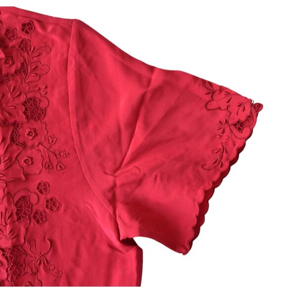Red Floral Embroidered Silk Shirt | Vintage Button Up Top Size M - Picture 5 of 6